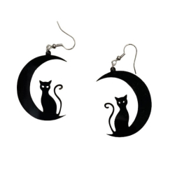 Witch Cat Sitting on Moon Earrings Plastic –Enchanting Accessories for Halloween