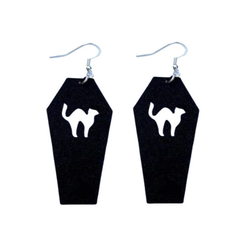 Halloween Cat Coffin Earrings - Spooky Plastic Earrings with Cat Coffin Design